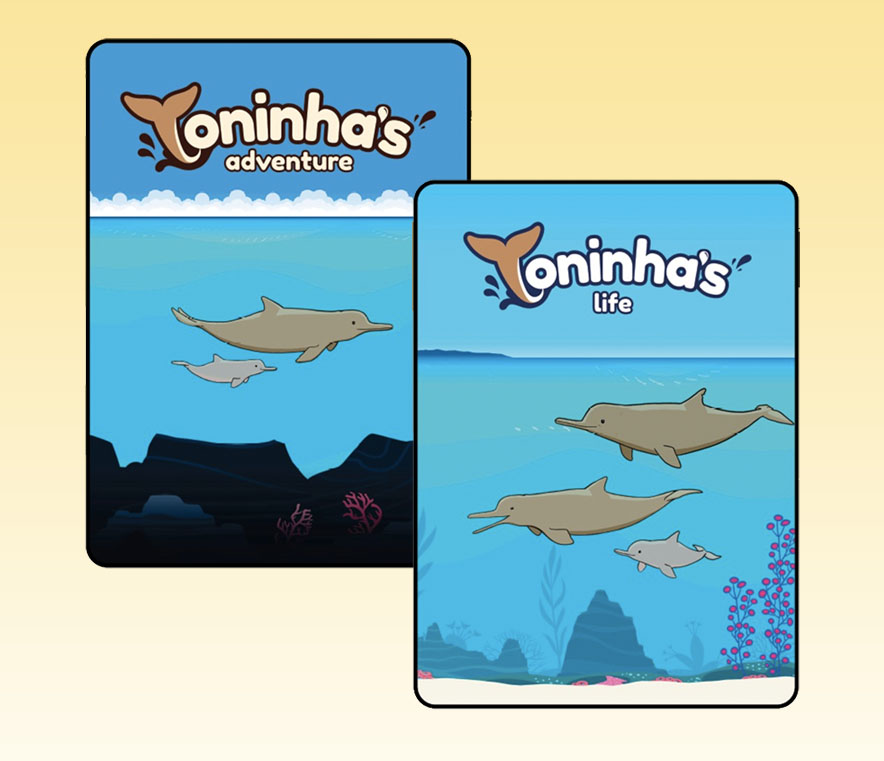  Banner ilustrativo dos aplicativos do Toninhas do Brasil no estilo game Toninha’s Life e Toninha’s Adventure.